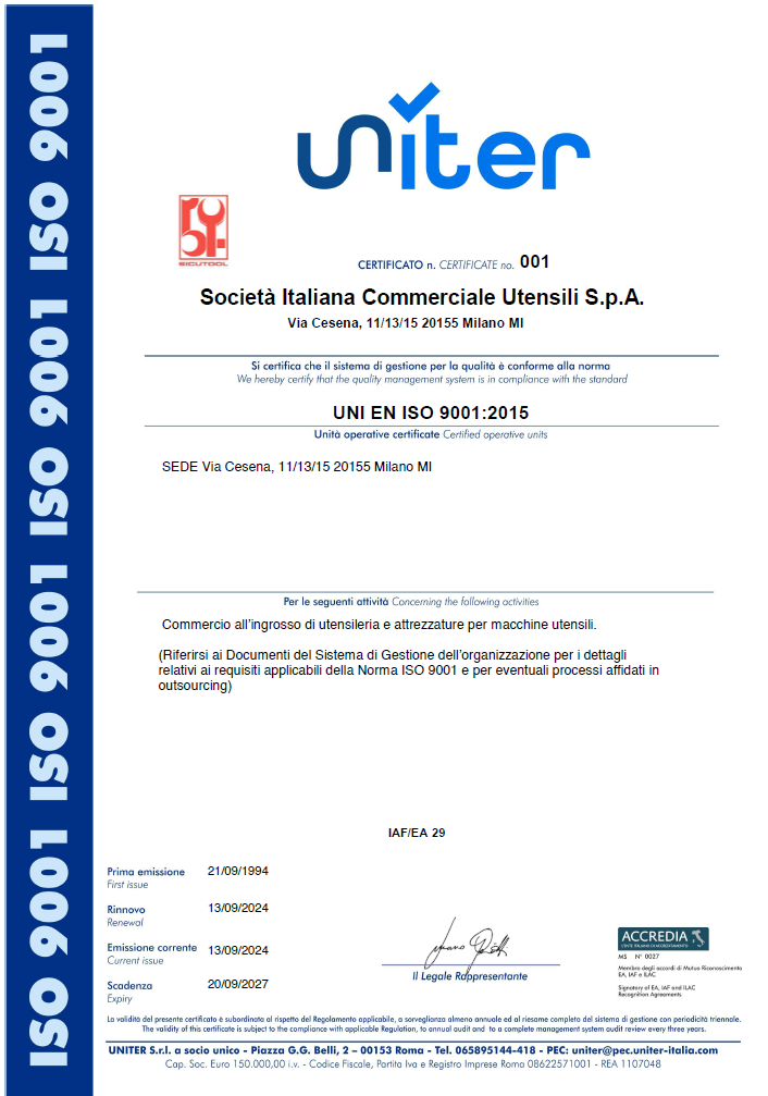 Sicutool - Certificato UNI EN ISO 9001